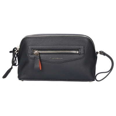 Santoni Men Toiletry Bag U1857 Embossed Calfskin Logo Black