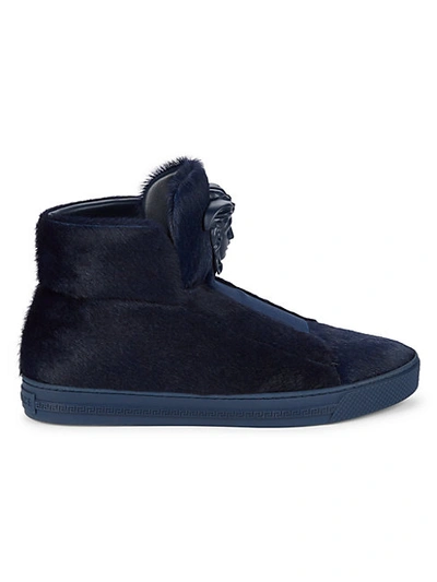 Versace Medusa Calf Hair High-top Sneakers In Navy