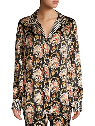 Oscar De La Renta Floral Print Silk Sleepshirt In Black Multi
