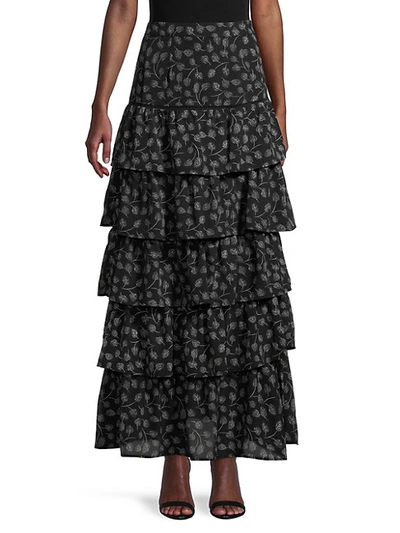 Allison New York Feather-print Tiered Maxi Skirt In Black Floral