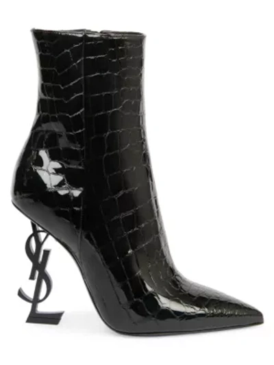 Saint Laurent Opyum Croc-embossed Leather Booties In Black