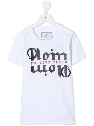 Philipp Plein Kids' Gothic Plein Logo T-shirt In White