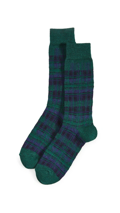 Anonymous Ism Wool Check Crew Socks In Moss Green