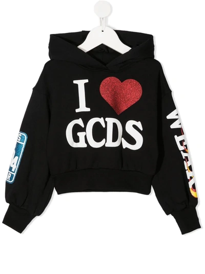 Gcds Kids' Logo Print Cropped Sweatshirt In Black