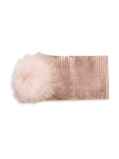 Adrienne Landau Fox Fur Pom-pom Metallic Knit Headband In Rose Gold