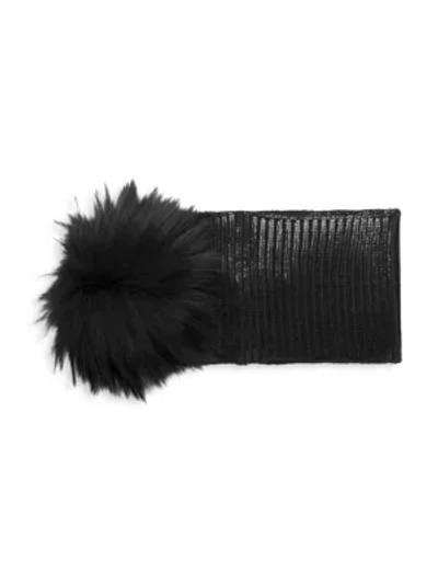 Adrienne Landau Women's Fox Fur Pom-pom Metallic Knit Headband In Black
