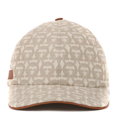 Ferragamo Cotton & Leather Hat With Gancini All Over Print In Beige