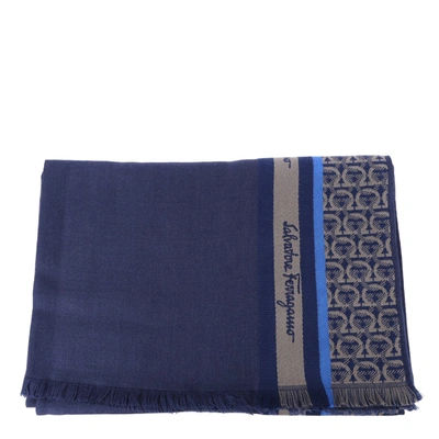Ferragamo Blue Wool & Silk Scarf With Gancini Print