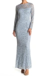 Marina Sequin Lace Long Sleeve Gown In Light Blue