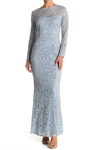 Marina Sequin Lace Long Sleeve Gown In Light Blue