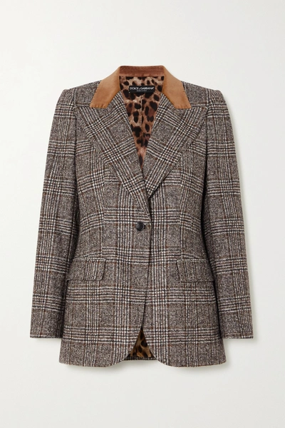 Dolce & Gabbana Velvet-trimmed Prince Of Wales Checked Wool-blend Blazer In Grey