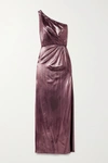 MARCHESA NOTTE ONE-SHOULDER METALLIC LAMÉ GOWN