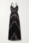 MARCHESA NOTTE BELTED FLORAL-PRINT PLISSÉ-CHIFFON GOWN