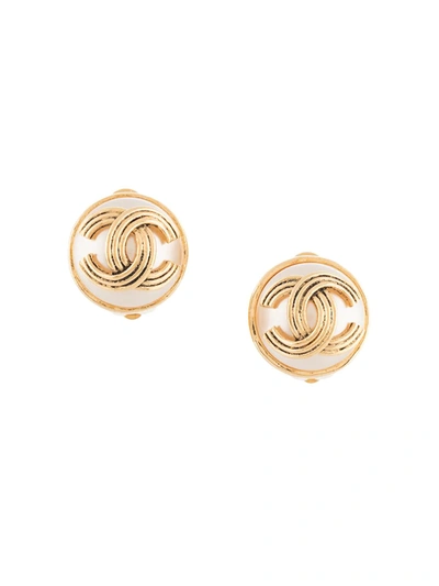 Pre-owned Chanel 1994 Cc Logo Button Earrings In Neutrals
