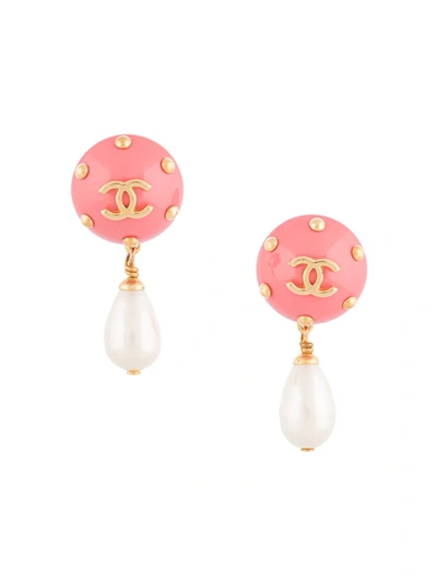 Pre-owned Chanel 1996 Cc Pearl Pendant Clip-on Earrings In Pink