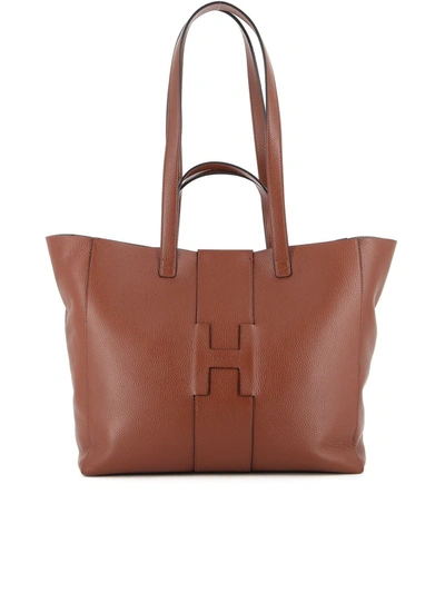 Hogan Hammered Leather Tote Bag In Brown In Tabacco