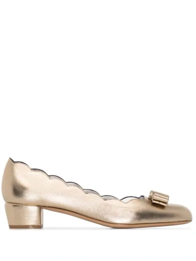 Ferragamo Gold Vara Shell 35 Leather Pumps