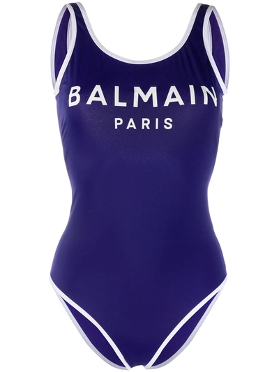 Balmain Logo Print Swimsuit In Blau