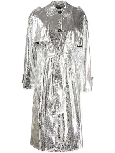 Msgm Laminated Trench Coat In Silver Colour