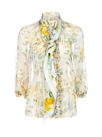 Zimmermann Lucky Tuxedo Frill Floral Print Silk Blouse In Sky Floral