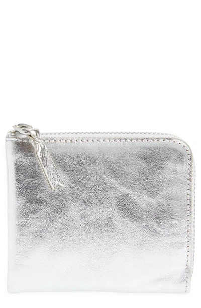 Comme Des Garçons Metallic Leather Half Zip Wallet In Silver