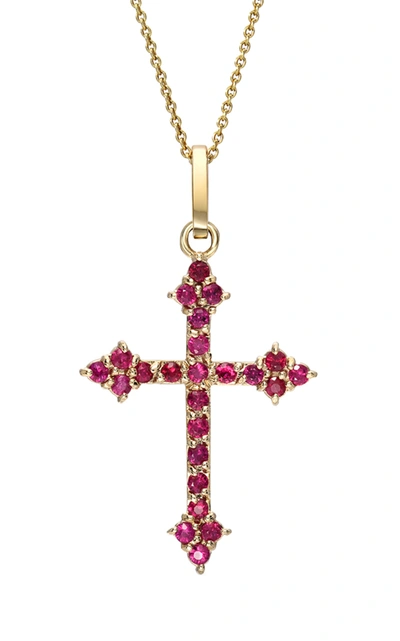 Dru 14k Yellow Gold Gothic Cross Necklace In Red