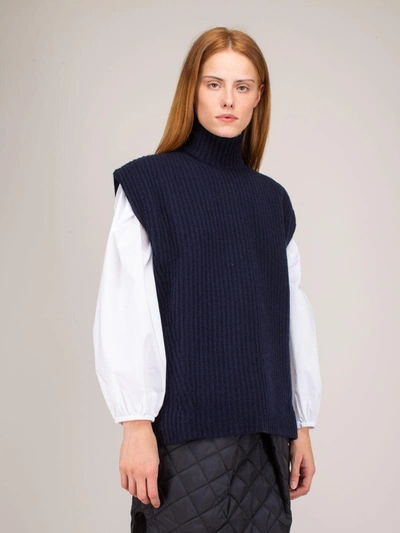 Ganni Wool Blend Rib Knit Vest In Navy ModeSens