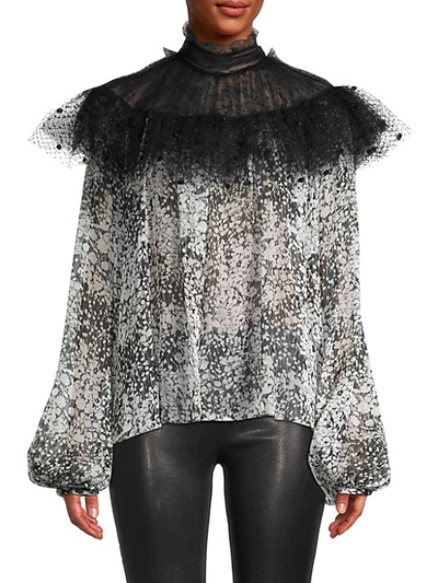 Giambattista Valli Floral Tulle Lace Blouse In Black Ivory