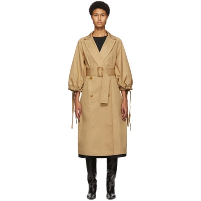Edit Beige Pleated Trench Coat In Solid Camel