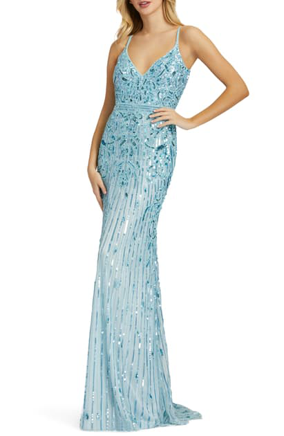 mac duggal blue sequin gown