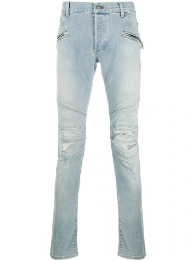 Balmain Skinny Jeans In Vitage Denim With Monogram And Ripped Details In Blue