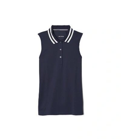 Tory Sport Performance Piqué Pleated-collar Sleeveless Polo In Tory Navy/snow White