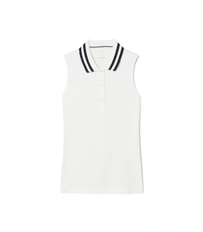 Tory Sport Tory Burch Performance Piqué Pleated-collar Sleeveless Polo In Snow White/tory Navy
