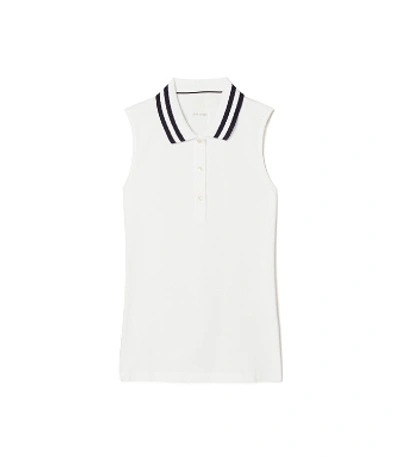 Tory Sport Ärmelloses Performance-poloshirt Aus Piqué Mit Plisseekragen In Snow White/tory Navy