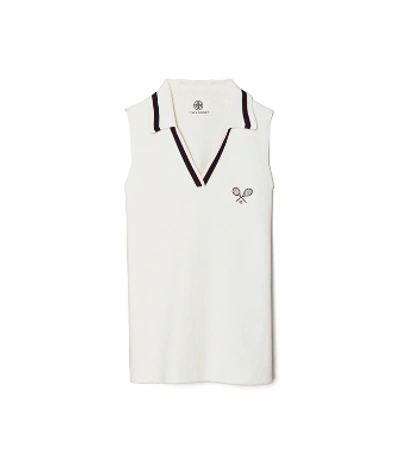 Tory Sport Tory Burch Racquet Ribbed-knit Sleeveless Polo In Snow White