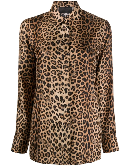 Philipp Plein Leopard-print Logo Silk Shirt In Brown