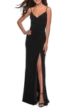 La Femme Ruched Jersey Trumpet Gown In Black