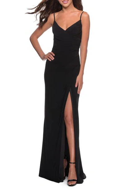 La Femme Ruched Jersey Trumpet Gown In Black