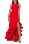Betsy & Adam Petite Ruffled High-low Sleeveless Gown In Red