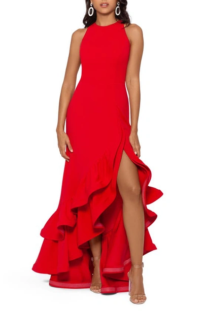 BETSY & ADAM BETSY & ADAM RUFFLE HALTER CREPE GOWN,A22845