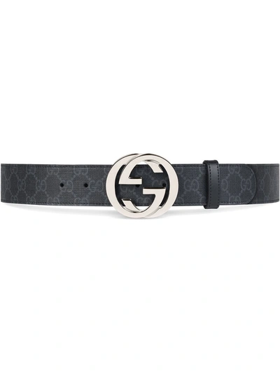 Gucci Gg Supreme And Leather Belt In Black