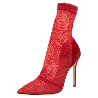 Pre-owned Gianvito Rossi Red Suede And Lace Pointed Toe Ankle Booties Size 38