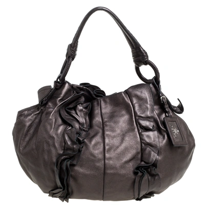 Pre-owned Prada Metallic Dark Brown Leather Ruffle Mordore Hobo