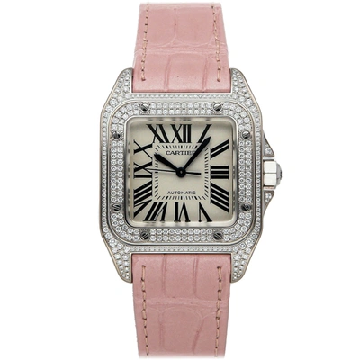 Pre-owned Cartier Silver Diamonds Stainless Steel Santos 100 Wm501751 Women's Wristwatch 44 X 33 Mm