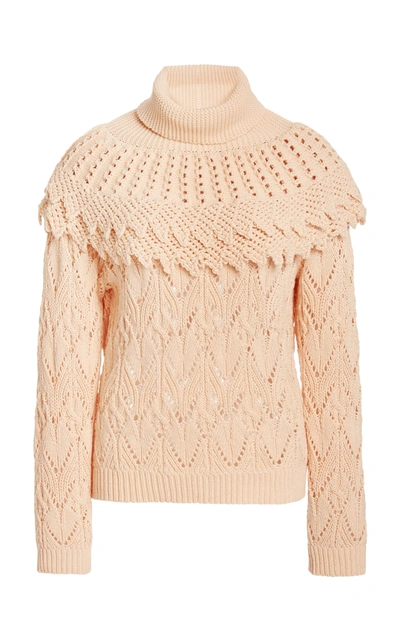 Zimmermann Ladybeetle Pointelle-knit Cotton And Linen-blend Turtleneck Sweater In Blush