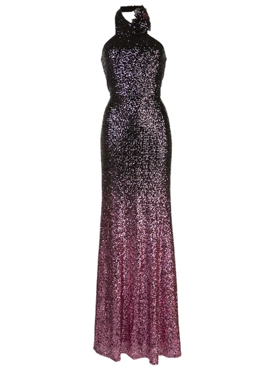 Marchesa Notte Halter Neck Sequin Ombre Gown In Purple