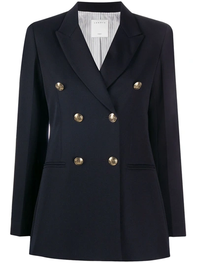 Sandro Sienne Double-breasted Stretch-crepe Blazer In Navy Blue