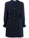 Sandro Dress With Press Studs And Smocked Belt In Blue