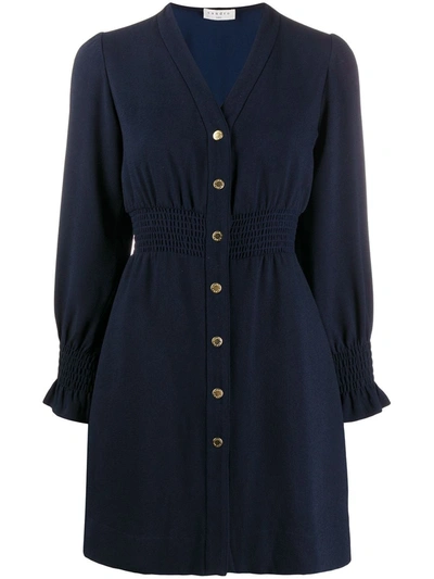 Sandro Dress With Press Studs And Smocked Belt In Blue