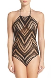 Hauty Desirae Knit Halter Lingerie Teddy With Zig Zag Pattern In Black
